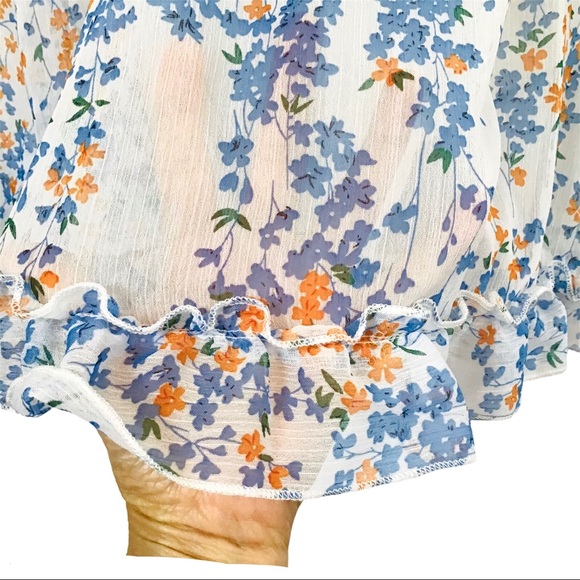 Blue and White Semi Sheer Floral Print Dress - Picture 8 of 15